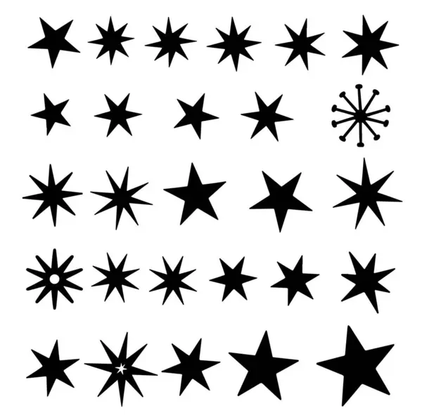 Beyaz zemin üzerinde siyah renkli on sekiz farklı yıldızın parlaklığı veya parıltısı vektör kümesi. Parıldayan yıldız simgeleri. Simgeyi parlat. Yıldızlar ışıltılı karalama vektörü.