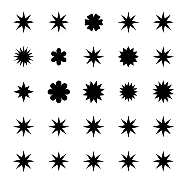 Beyaz zemin üzerinde siyah renkli on sekiz farklı yıldızın parlaklığı veya parıltısı vektör kümesi. Parıldayan yıldız simgeleri. Simgeyi parlat. Yıldızlar ışıltılı karalama vektörü.
