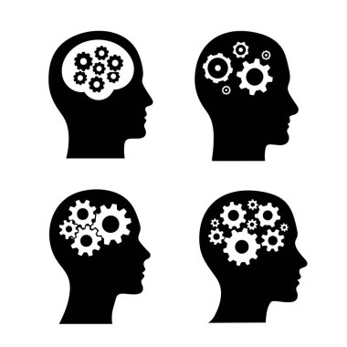 İnsan baş vites teknolojisi logosu, Cogwheel mühendislik teknolojisi, yapay zeka, basit düz tasarım simgesi, beyaz üzerine izole edilmiş.