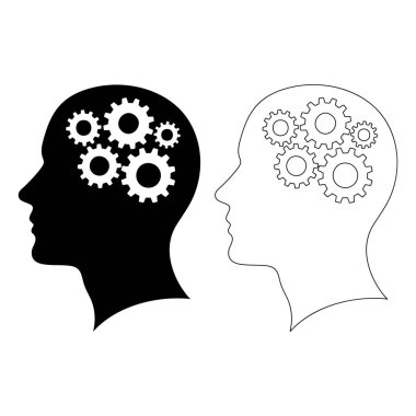 İnsan baş vites teknolojisi logosu, Cogwheel mühendislik teknolojisi, yapay zeka, basit düz tasarım simgesi, beyaz üzerine izole edilmiş.