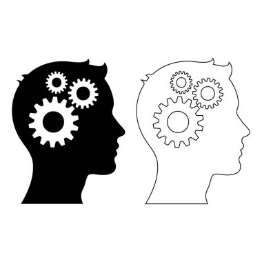 İnsan baş vites teknolojisi logosu, Cogwheel mühendislik teknolojisi, yapay zeka, basit düz tasarım simgesi, beyaz üzerine izole edilmiş.