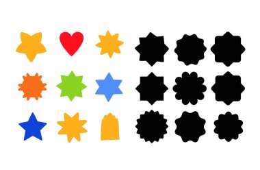 Rozet yıldızı, çıkartma şekli, satış fiyatı etiketi, renkli güneş, daire ve oval etiket, beyaz arkaplanda izole edilmiş yuvarlak indirim simgesi. Renkli vintage pankart seti. Vektör illüstrasyonu