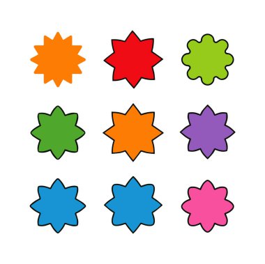 Rozet yıldızı, çıkartma şekli, satış fiyatı etiketi, renkli güneş, daire ve oval etiket, beyaz arkaplanda izole edilmiş yuvarlak indirim simgesi. Renkli vintage pankart seti. Vektör illüstrasyonu