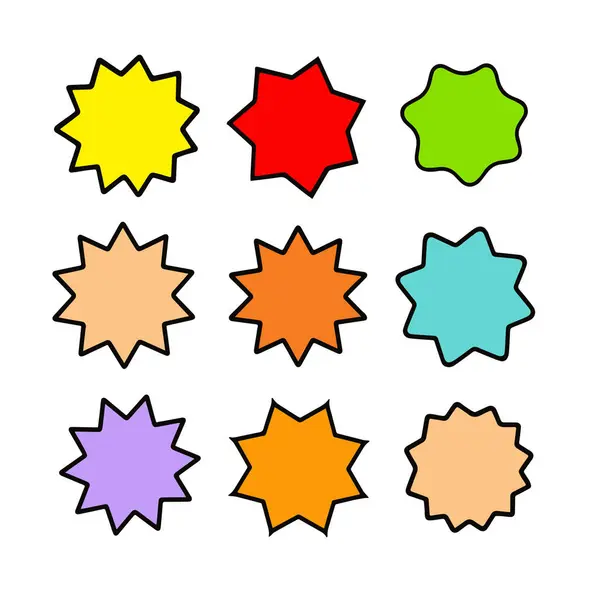Rozet yıldızı, çıkartma şekli, satış fiyatı etiketi, renkli güneş, daire ve oval etiket, beyaz arkaplanda izole edilmiş yuvarlak indirim simgesi. Renkli vintage pankart seti. Vektör illüstrasyonu