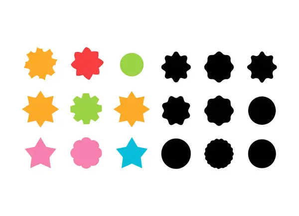 Rozet yıldızı, çıkartma şekli, satış fiyatı etiketi, renkli güneş, daire ve oval etiket, beyaz arkaplanda izole edilmiş yuvarlak indirim simgesi. Renkli vintage pankart seti. Vektör illüstrasyonu