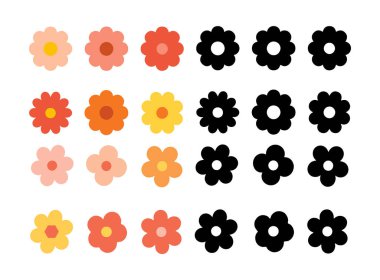 Havalı hippi papatya çiçekleri seti. Retro vintage tarzı, elle çizilmiş dekoratif öğeler. 60 'lar, 70' ler, ikon çiçekleri, pastel renkler, şirin çocuklar. Düz çizgi film çizimi.