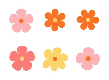 Havalı hippi papatya çiçekleri seti. Retro vintage tarzı, elle çizilmiş dekoratif öğeler. 60 'lar, 70' ler, ikon çiçekleri, pastel renkler, şirin çocuklar. Düz çizgi film çizimi.