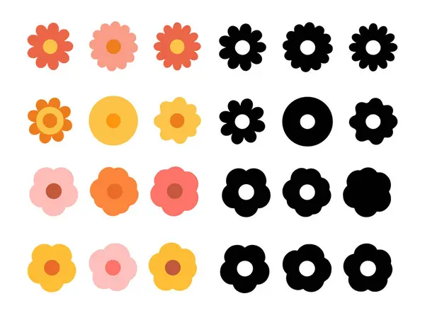 Havalı hippi papatya çiçekleri seti. Retro vintage tarzı, elle çizilmiş dekoratif öğeler. 60 'lar, 70' ler, ikon çiçekleri, pastel renkler, şirin çocuklar. Düz çizgi film çizimi.