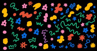 Soyut retro şekiller seti. Vektör etiket paketi. Modern form koleksiyonu, komik çiçek, balon, yıldız, modaya uygun 70 'ler, 90' ların modası geçmiş çizgi film tarzı..