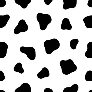 Dalmaçyalı kusursuz desen, deri lekeli hayvan izi. Fiberler ve tekstil için beyaz arka planda köpek ya da inek siyah noktaları tasarlar. Basit sonsuz deri arka plan.
