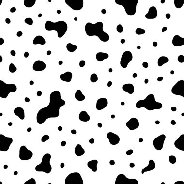 Dalmaçyalı kusursuz desen, deri lekeli hayvan izi. Fiberler ve tekstil için beyaz arka planda köpek ya da inek siyah noktaları tasarlar. Basit sonsuz deri arka plan.