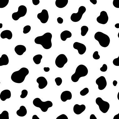 Dalmaçyalı kusursuz desen, deri lekeli hayvan izi. Fiberler ve tekstil için beyaz arka planda köpek ya da inek siyah noktaları tasarlar. Basit sonsuz deri arka plan.