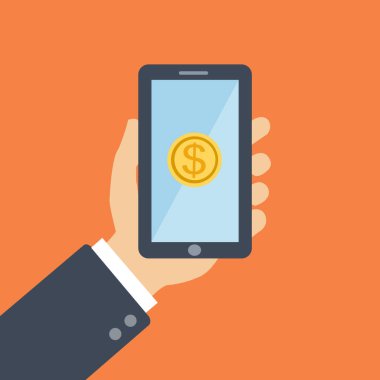 Altın para ve akıllı telefon ekranına bağışta bulunun. Eller akıllı telefonu tutar, parmaklar ekrana dokunur. Çevrimiçi bağış kavramı. Vektör.