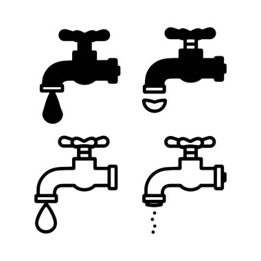 Musluk simgeleri ayarlandı. Su musluğu koleksiyonu. Banyo musluğu sembolü düz ve satır biçimi - stok vektörü.