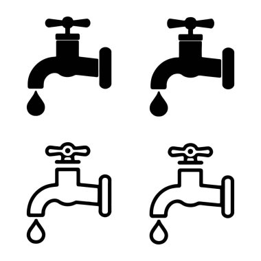 Musluk simgeleri ayarlandı. Su musluğu koleksiyonu. Banyo musluğu sembolü düz ve satır biçimi - stok vektörü.