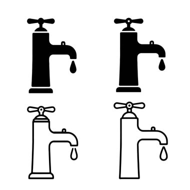 Musluk simgeleri ayarlandı. Su musluğu koleksiyonu. Banyo musluğu sembolü düz ve satır biçimi - stok vektörü.