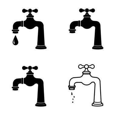 Musluk simgeleri ayarlandı. Su musluğu koleksiyonu. Banyo musluğu sembolü düz ve satır biçimi - stok vektörü.