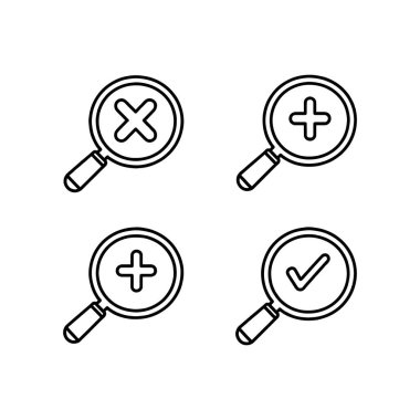 Büyütme cam simgesi seti, simge setini inceleyin, beyaz arkaplanda izole edilmiş modaya uygun düz resim çiziminde yakınlaştır.