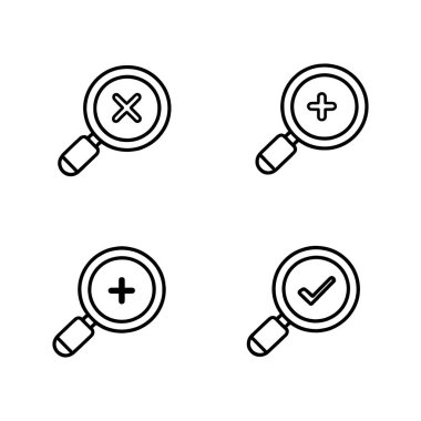 Büyütme cam simgesi seti, simge setini inceleyin, beyaz arkaplanda izole edilmiş modaya uygun düz resim çiziminde yakınlaştır.