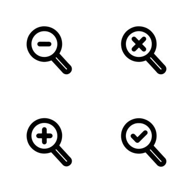 Büyütme cam simgesi seti, simge setini inceleyin, beyaz arkaplanda izole edilmiş modaya uygun düz resim çiziminde yakınlaştır.