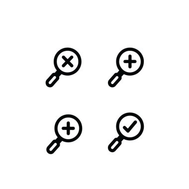 Büyütme cam simgesi seti, simge setini inceleyin, beyaz arkaplanda izole edilmiş modaya uygun düz resim çiziminde yakınlaştır.