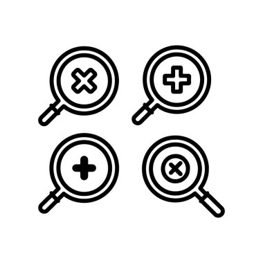 Büyütme cam simgesi seti, simge setini inceleyin, beyaz arkaplanda izole edilmiş modaya uygun düz resim çiziminde yakınlaştır.