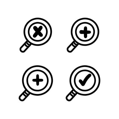 Büyütme cam simgesi seti, simge setini inceleyin, beyaz arkaplanda izole edilmiş modaya uygun düz resim çiziminde yakınlaştır.