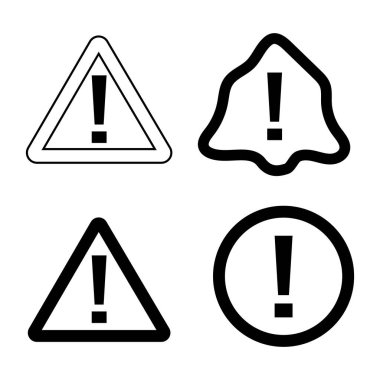 Tehlike sembolü siyah-beyaz renkte ünlem sembolü farklı şekillerde vuruş stili. Çeşitli şekillerde ünlem işaretleriyle işaretlenmiş uyarı sembolleri. Tehlike uyarı simgesi ayarlandı.