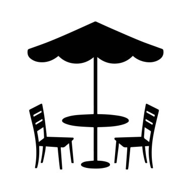 Şemsiyeli kafe sandalyeli teras masası masa şemsiyesi seti. Şemsiye kafe sandalye masa şemsiyeli teras masası beyaz arkaplanda simge belirleme vektörü