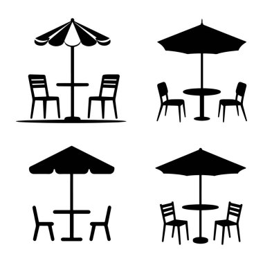 Şemsiyeli kafe sandalyeli teras masası masa şemsiyesi seti. Şemsiye kafe sandalye masa şemsiyeli teras masası beyaz arkaplanda simge belirleme vektörü