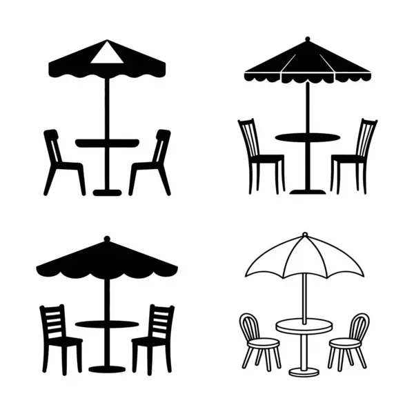 Şemsiyeli kafe sandalyeli teras masası masa şemsiyesi seti. Şemsiye kafe sandalye masa şemsiyeli teras masası beyaz arkaplanda simge belirleme vektörü