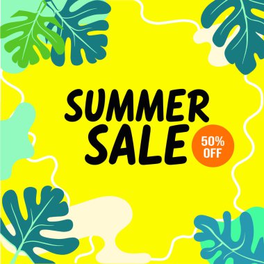 Tropikal yapraklı yaz satışı vektör illüstrasyonu. Web sitesi, broşür ve poster için reklam afişi. Vektör illüstrasyonu