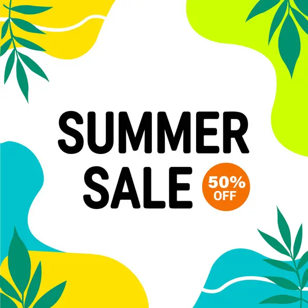 Yeşil zemin üzerinde sıvı elementler, tropikal yapraklar ve kabarcık formları ile yaz indirimi şablon afişi afiş, tebrik kartı, poster ve reklam için kopya alanı ile