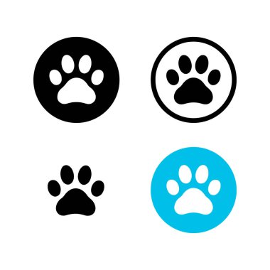 Köpek ve kedi ayak izi ya da pow ikonu. Çivileri basit ve mavi renkli daire şeklinde. Köpek ya da kedi pençesi vektör simgesi. Hayvanların ayak izlerinin siyah beyaz çizimi.
