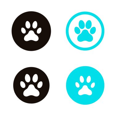 Köpek ve kedi ayak izi ya da pow ikonu. Çivileri basit ve mavi renkli daire şeklinde. Köpek ya da kedi pençesi vektör simgesi. Hayvanların ayak izlerinin siyah beyaz çizimi.