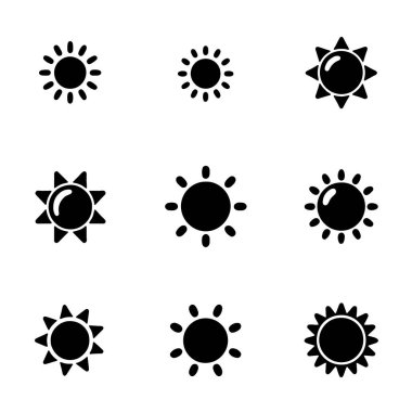 Beyaz zemin üzerinde sarı renkli altı güneş vektörü kümesi. Güneş simgeleri koleksiyonu. Sarı güneş ikonu seti, güneş ve güneş ışığı, gün doğumu veya gün batımı. Vektör illüstrasyonu.