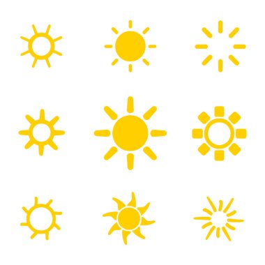 Beyaz zemin üzerinde sarı renkli altı güneş vektörü kümesi. Güneş simgeleri koleksiyonu. Sarı güneş ikonu seti, güneş ve güneş ışığı, gün doğumu veya gün batımı. Vektör illüstrasyonu.