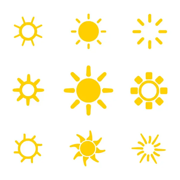 Beyaz zemin üzerinde sarı renkli altı güneş vektörü kümesi. Güneş simgeleri koleksiyonu. Sarı güneş ikonu seti, güneş ve güneş ışığı, gün doğumu veya gün batımı. Vektör illüstrasyonu.