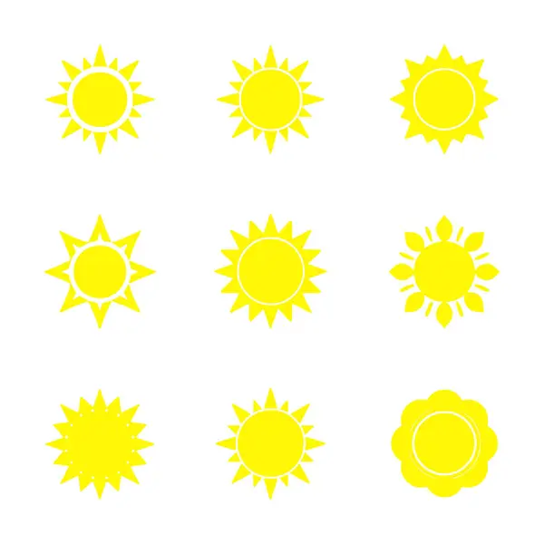 Beyaz zemin üzerinde sarı renkli altı güneş vektörü kümesi. Güneş simgeleri koleksiyonu. Sarı güneş ikonu seti, güneş ve güneş ışığı, gün doğumu veya gün batımı. Vektör illüstrasyonu.