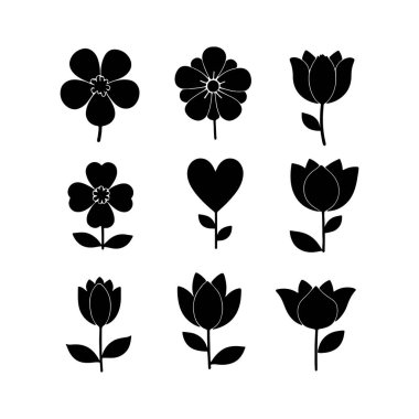 Siyah ve beyaz çiçek seti gül yaprağı çiçek ağacı meşe ağacı ikonları vektör illüstrasyonu