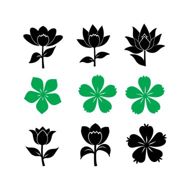 Siyah ve beyaz çiçek seti gül yaprağı çiçek ağacı meşe ağacı ikonları vektör illüstrasyonu