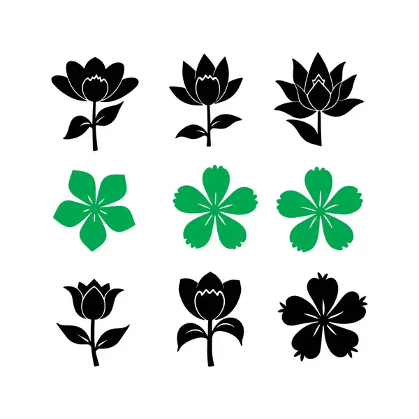 Siyah ve beyaz çiçek seti gül yaprağı çiçek ağacı meşe ağacı ikonları vektör illüstrasyonu