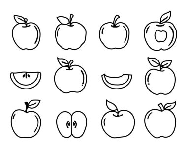 Elma karalama el çizim ikonu seti. Beyaz arkaplanı olan ana hatlı elma çizgisi klipsi sanat sembolü koleksiyonu