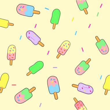 Tatlı dondurmayla kusursuz desen. Pembe üzerine meyveli dondurma. Tişörtler, tekstil, kağıt ürünleri ve internet üzerindeki baskılar için..