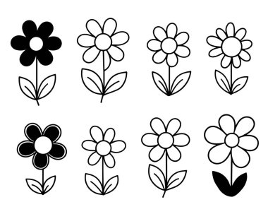 Bahar çiçeği ikonu, şirin yaz bitkisi, retro sticker, moda papatya, basit vintage element, beyaz arkaplanda izole edilmiş renkli karalama seti