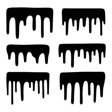 Siyah eritme damlaları koleksiyonlar boya koleksiyonu. Erime damlaları soyut sıvı vektör elementlerini boyar. kenarlık ve damlatma mürekkebi