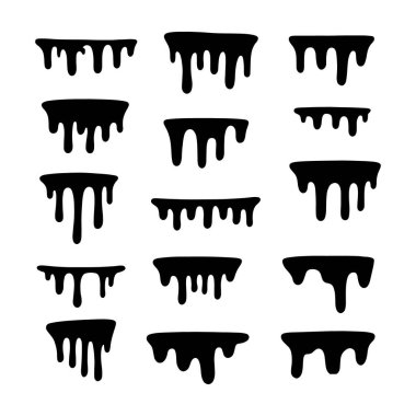 Siyah eritme damlaları koleksiyonlar boya koleksiyonu. Erime damlaları soyut sıvı vektör elementlerini boyar. kenarlık ve damlatma mürekkebi