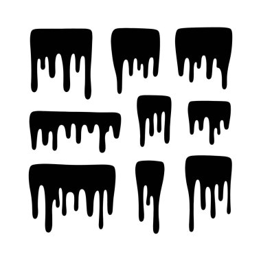 Siyah eritme damlaları koleksiyonlar boya koleksiyonu. Erime damlaları soyut sıvı vektör elementlerini boyar. kenarlık ve damlatma mürekkebi