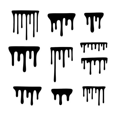 Siyah eritme damlaları koleksiyonlar boya koleksiyonu. Erime damlaları soyut sıvı vektör elementlerini boyar. kenarlık ve damlatma mürekkebi