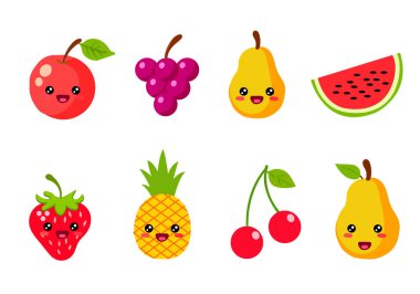 Düz gözlü çizgi film meyveleri. Çilek, elma, ananas, mango, ahududu, üzüm, karpuz, armut, beyaz arka planlı kiraz.